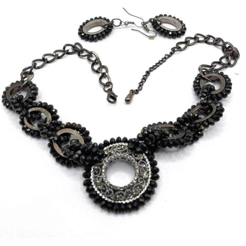 Black Filigree Rhinestone‎ Hematite Pendant Silver Tone Necklace Earring Set